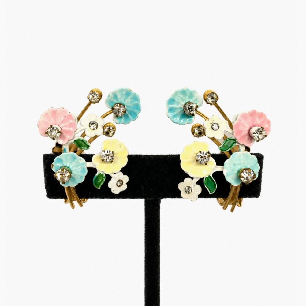 Vintage Enamel Flower Earrings Pastel Floral Rhinestone Gold Tone Ear Climbers M